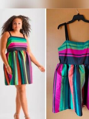 Bob Mackie Nwt Sz 16 Taffeta Stripe Babydoll Dress Summer Party Fit And Flare